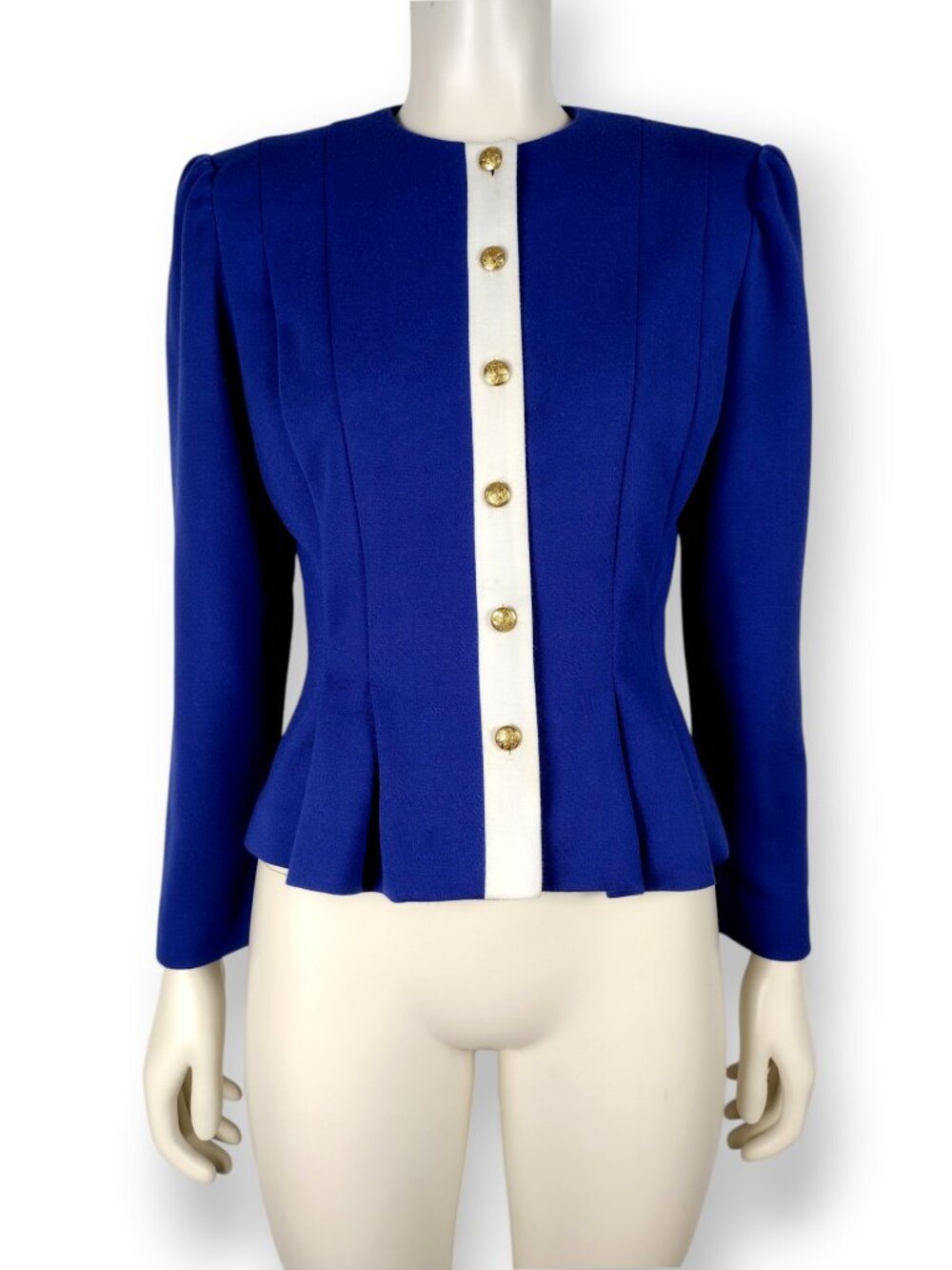 Vintage 1990s Blue Knit Tailored Peplum Hem Button Down Jacket Size 6P